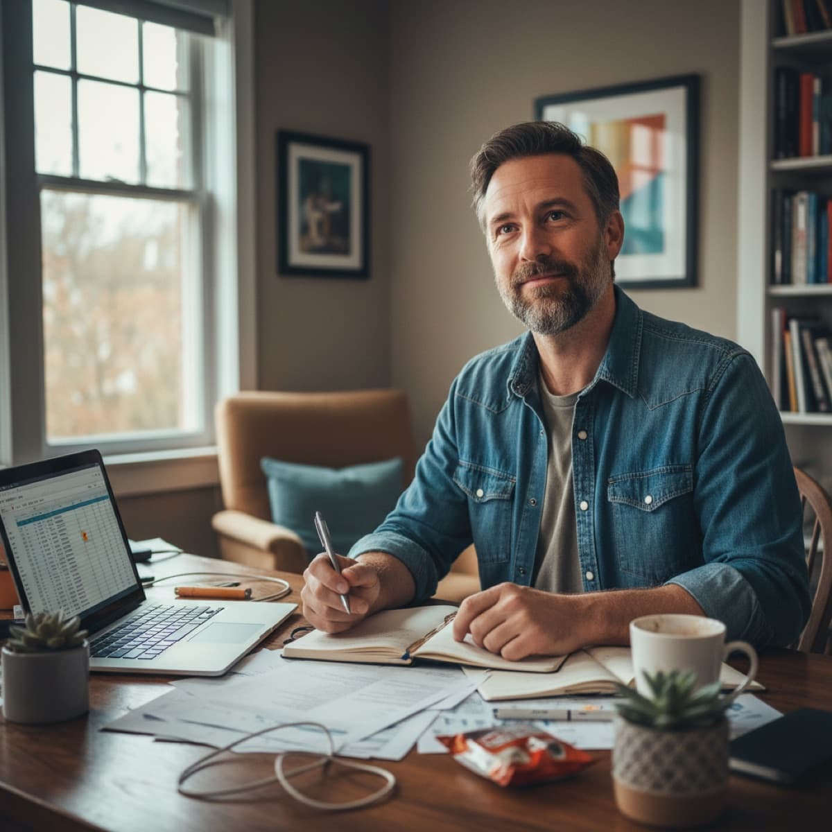 A small business owner at work, focused and in flow