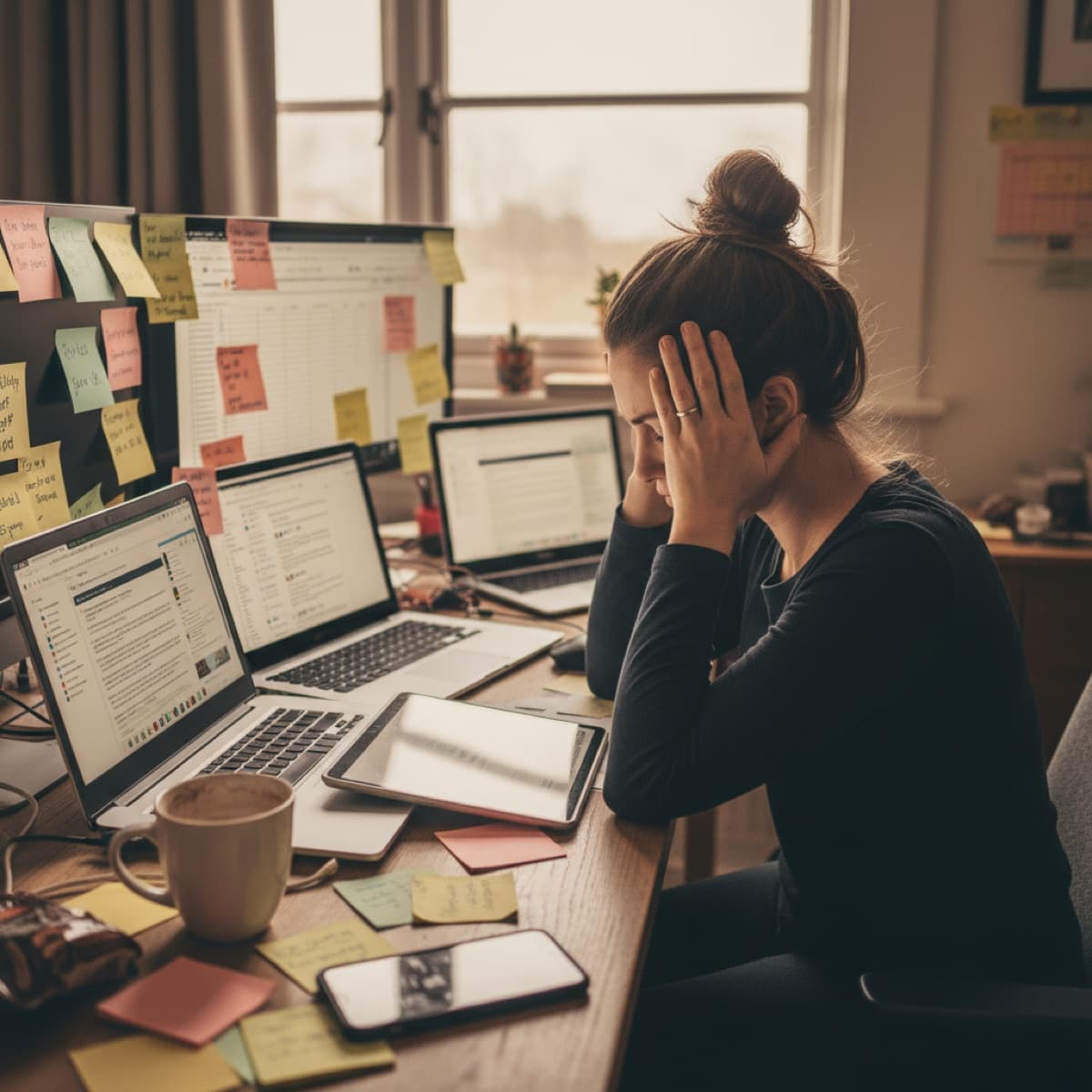 Small business owner at a cluttered desk, surrounded by sticky notes and open laptops, clearly stretched thin