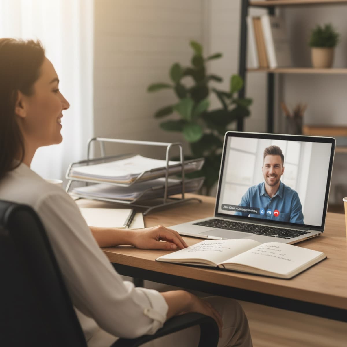 Business owner on a video call, visibly relieved, notebook open between them