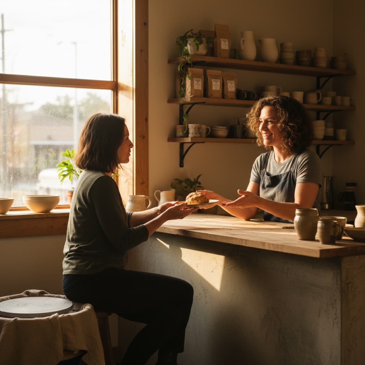 Business owner engaged with a customer in their space, calm and focused