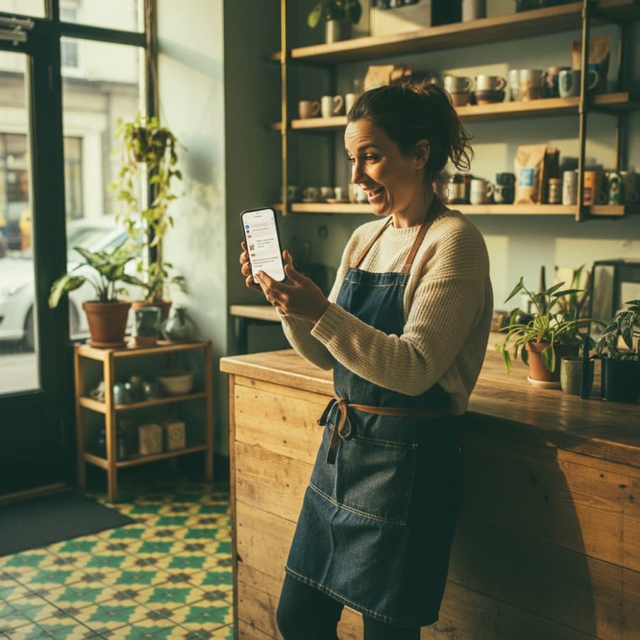 Cafe or shop owner reacting to incoming booking notifications on their phone