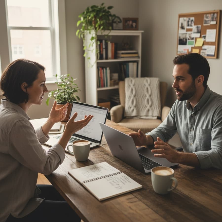 Owner and operator collaborating across a desk, mid-working session
