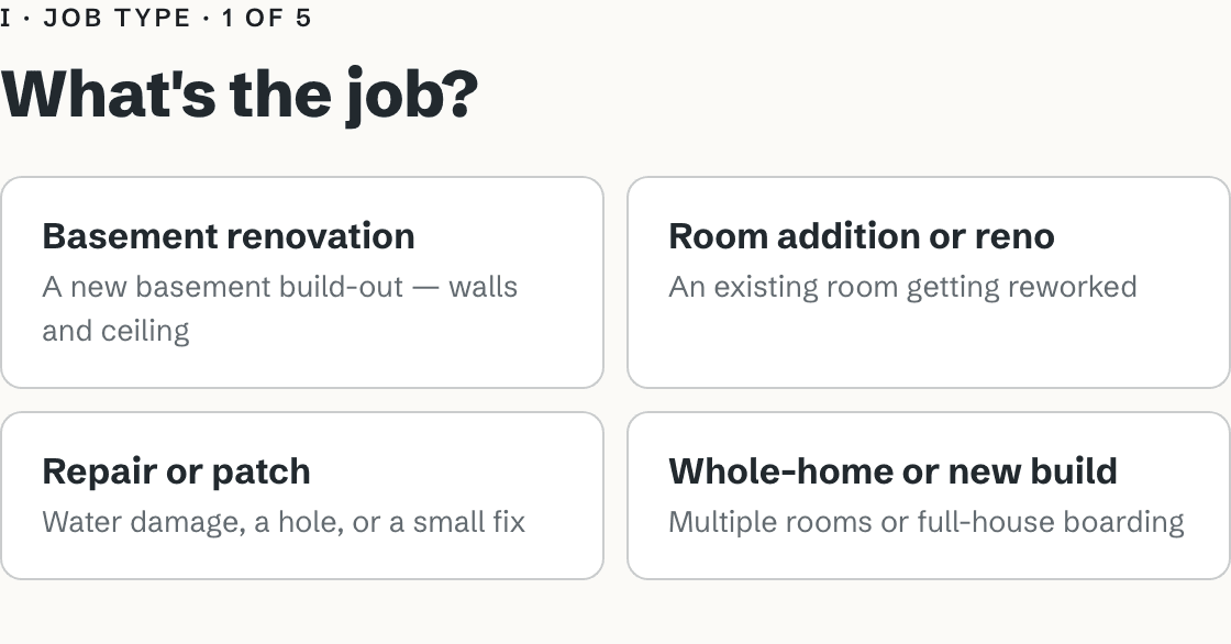 The quote calculator asking 'What's the job?' with four options: basement renovation, room addition or reno, repair or patch, and whole-home or new build.