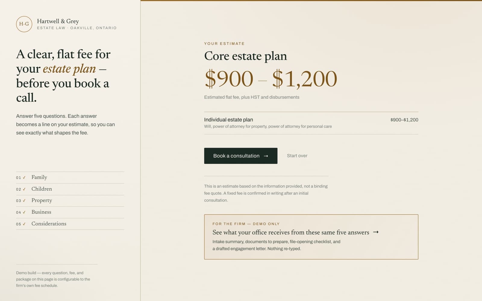 Client-facing flat-fee estate plan estimate screen from the demo