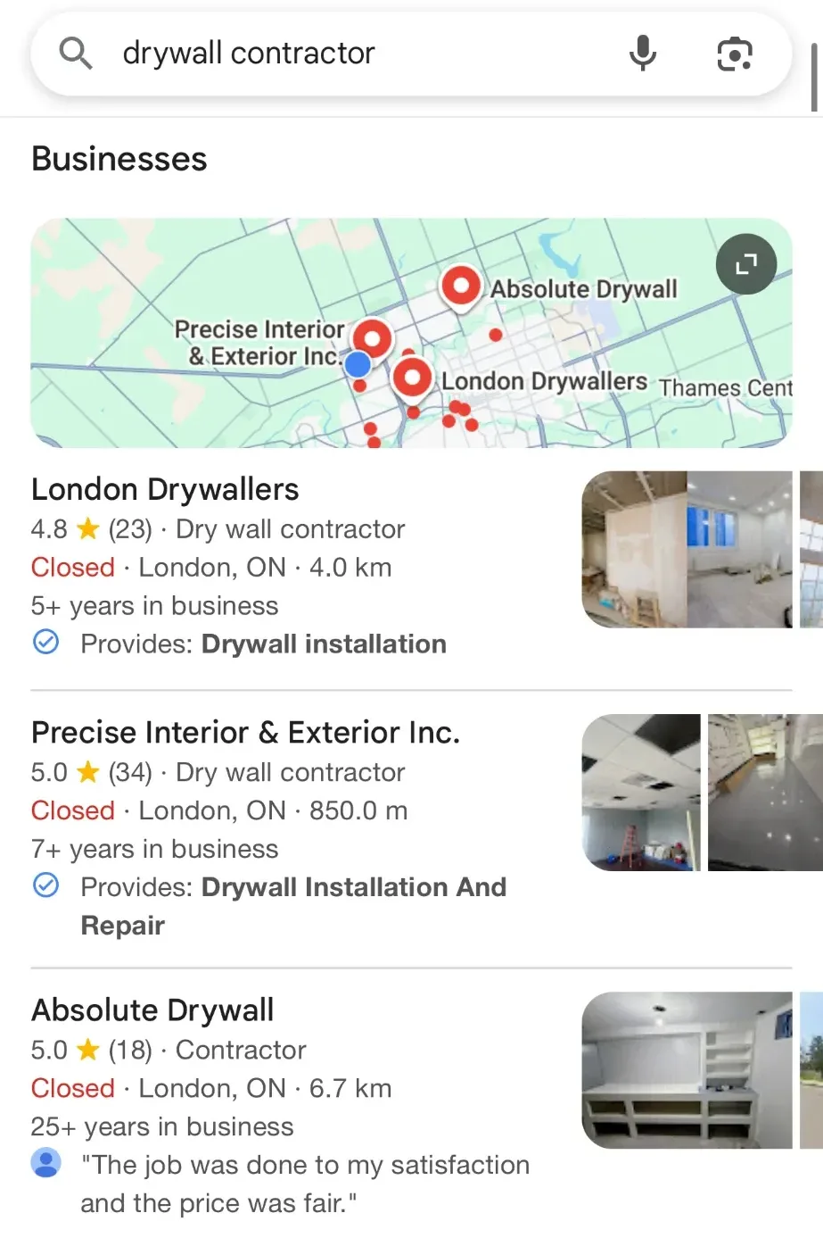 A real Google search on a phone for drywall contractor in London, Ontario. A map sits above three businesses: London Drywallers, 4.8 stars from 23 reviews; Precise Interior and Exterior, 5.0 stars from 34 reviews; and Absolute Drywall, 5.0 stars from 18 reviews, 6.7 km away.