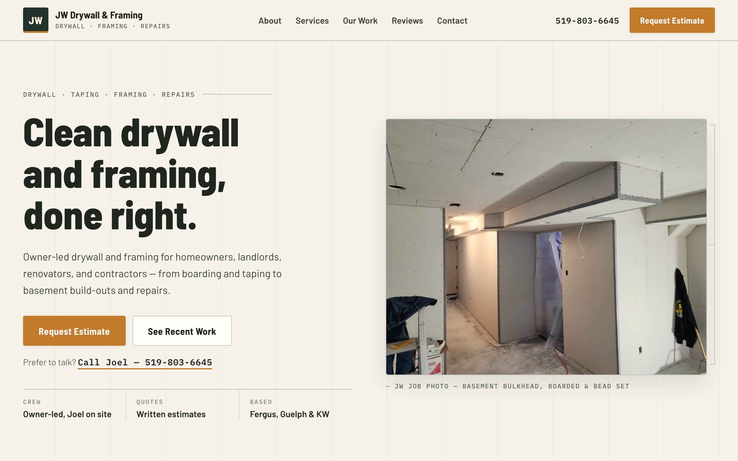 JW Drywall website showing its drywall and framing services